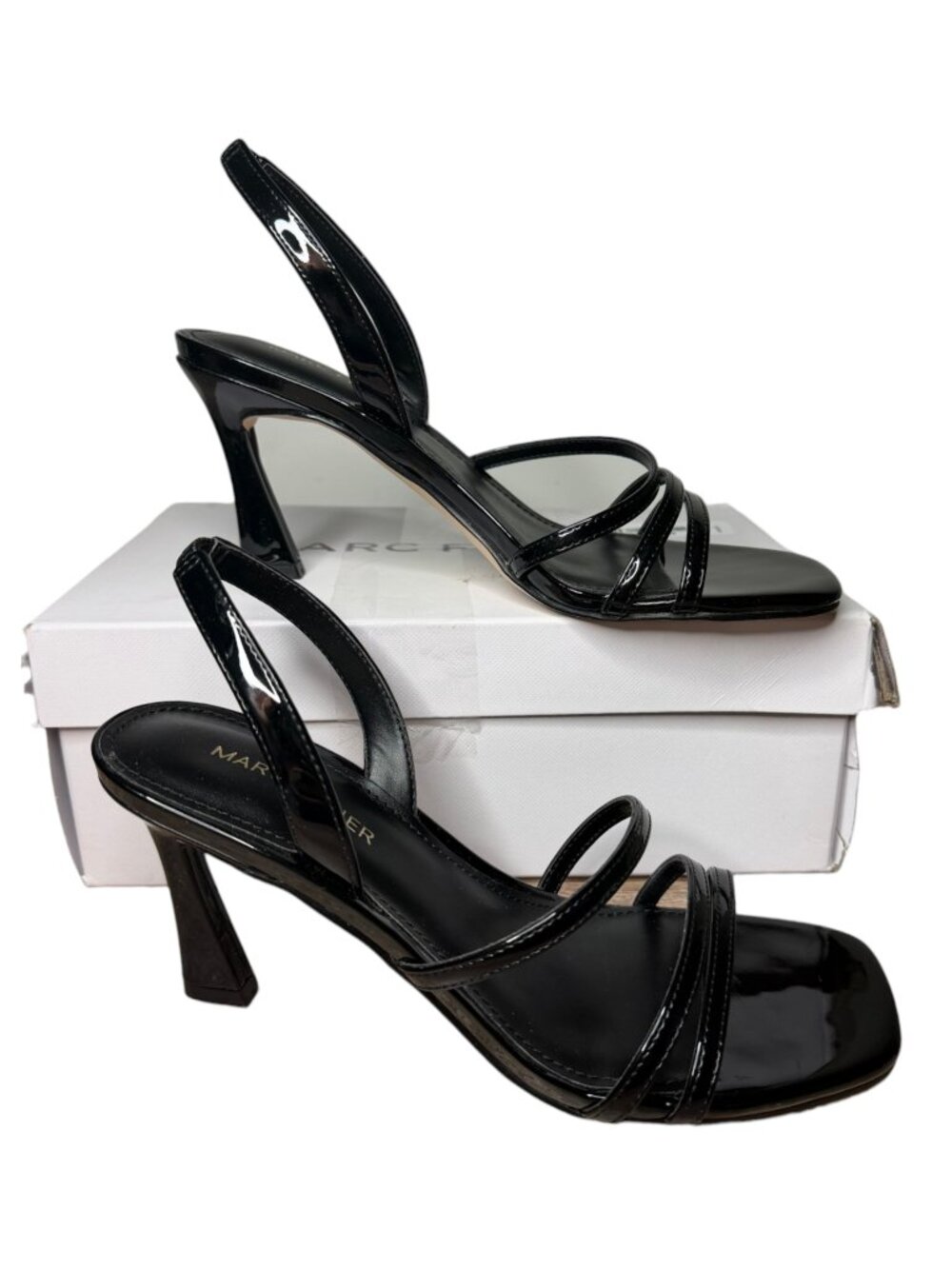 Marc Fisher Nalina Women’s 7M Black Patent Strappy Slingback Heels Sandals